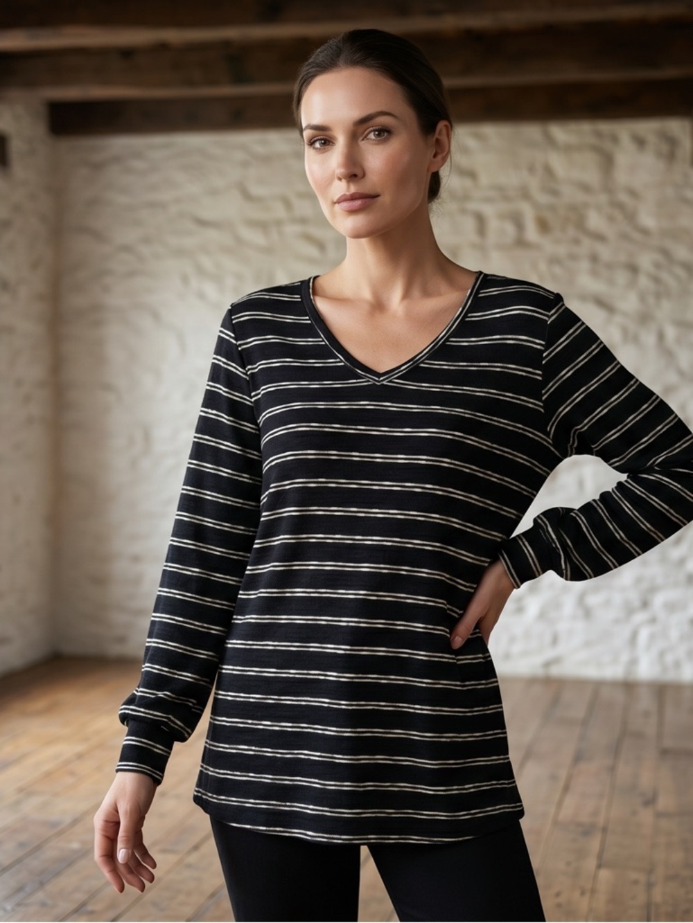 Doe & Rae Sophisticated Black and White Striped Top With Cute Open Back